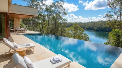 The lake house's luxurious outdoor pool, blends perfectly with the serene water views.