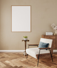 Frame mockup in Interior, a framed picture on a wall with a white frame with transparent background, 3D rendering	
