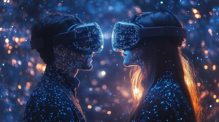 Couple engaged in a virtual reality holographic proposal amid a vibrant digital backdrop