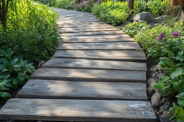 Obraz premium Beautiful Garden Pathway Made of Reclaimed Wood Perfect for Landscaping Designs