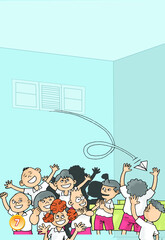 Inside the school classroom, teacher and students, color illustration