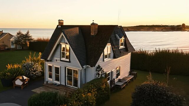 Tracking video of a cape cod revival house with dormer windows and shingled roof located in a seaside town