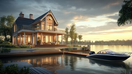 Obraz premium Luxury Lakeside House with Boat at Sunset by Calm Water