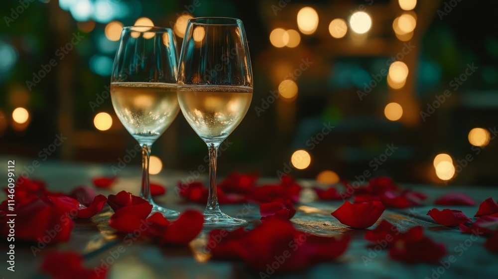 Poster two glasses of sparkling wine sit elegantly on a table scattered with red rose petals. soft lights t