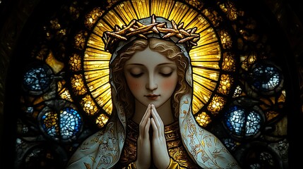 Fototapeta premium A luminous stained-glass scene of Saint Catherine of Siena in mystical contemplation, her crown of thorns glowing golden, surrounded by radiant celestial motifs and intricate gothic details,