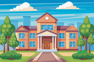 Naklejka premium Illustrated scene: yellow brick building with porch, trees, clock, city skyline backdrop, blue sky. Serene, picturesque ambiance.