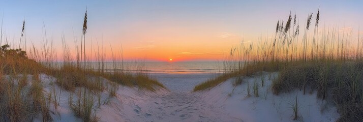 Obraz premium Sunset over beach path through dunes. (1)