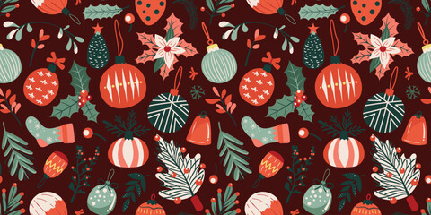 Seamless pattern design for Christmas and New Year holiday event in cute hand-drawn doodle ornaments and elements. Vivid red and green colors on a dark red plain background.