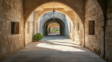 Fototapeta premium grand stone archway leading to hidden courtyard, soft shadows and warm light, reminiscent of ancient fortresses, perfect for exploring lost secrets