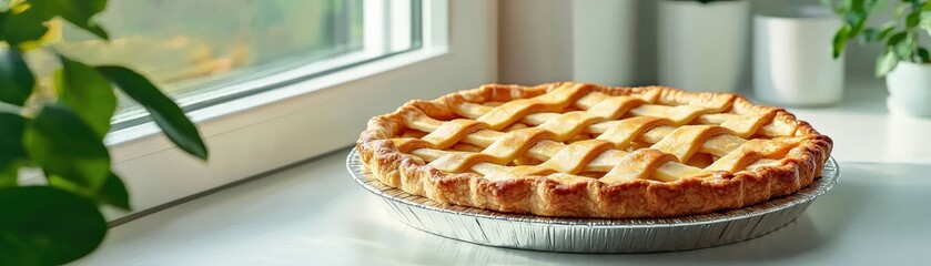 A freshly baked apple pie with a golden lattice crust cooling on a windowsill.