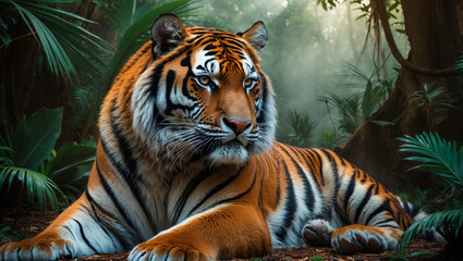 Fototapeta premium Explore stunning tiger images: majestic wild tigers, Bengal tigers, and fierce tiger portraits. Perfect for presentations, creative designs, and wildlife projects.