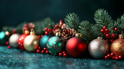 Naklejka premium Sparkling Christmas Ornaments with Pine & Berries