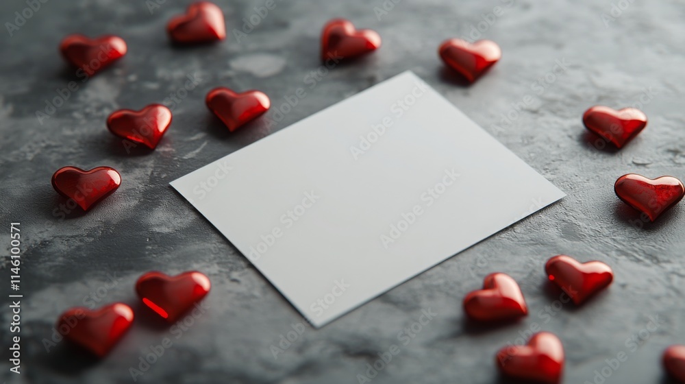 Poster a blank card is placed in the center, surrounded by shiny red heart-shaped decorations. this setup c