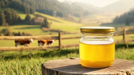 Ghee oil against the background of grazing cows. Selective focus.