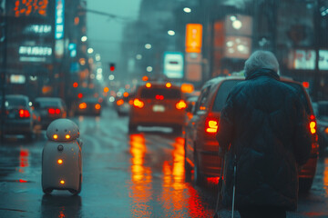 Robotic guide dog struggles to assist elderly woman in busy city street. Generative AI