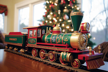 Christmas Toy Train Model on Wooden Table near Christmas Tree