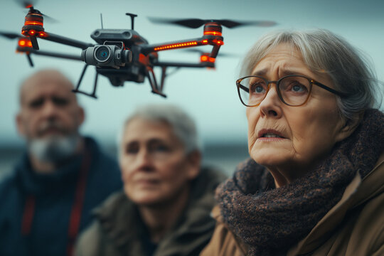 Drone hovering over a group of concerned individuals in a tense moment. Generative AI