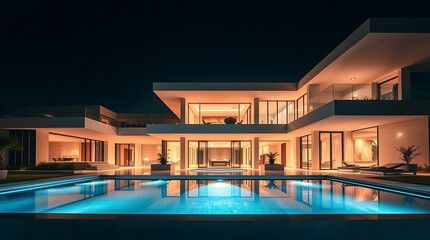 Fototapeta premium Luxurious modern villa at night with illuminated swimming pool: a stunning architectural design showcasing a contemporary home with expansive windows, warm interior lighting, and a pristine...