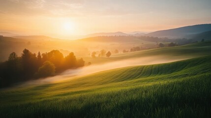 Obraz premium rolling hills covered in mist at sunrise, golden light filtering through, serene landscape, lush green fields, layers of fog creating a mystical atmosphere, tranquil countryside scene
