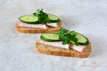 two slices of bread with meat, cucumer and parsley on them  
