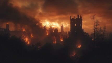abandoned city with fiery sky, dramatic and haunting, focus on ruins and desolation, artistic and dystopian atmosphere