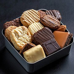 A biscuit tin filled with assorted butter and chocolate biscuits.