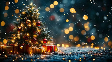 Naklejka premium Christmas Tree Lights Sparkle with Festive Gifts