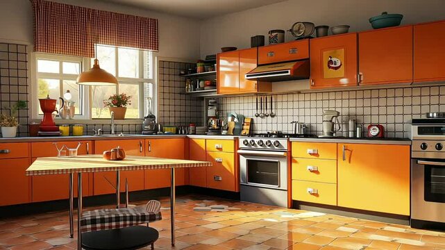 Vintage retro kitchen with orange pattern tiles, american retro kitchen home interior design 70's style