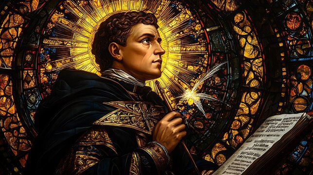 A luminous stained-glass scene of Saint Thomas Aquinas, with a quill and sunburst halo glowing in golden and navy hues, intricate geometric and sacred patterns surrounding him,