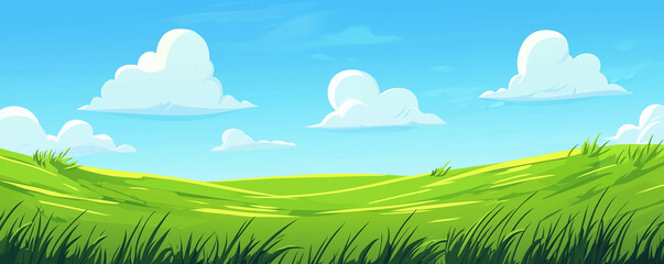 Obraz premium Grass and Sky Landscape. Green grass and blue sky landscape background, providing copy space in the sky. Horizontal orientation.