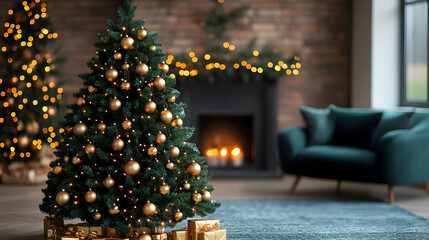 Decorate Festive Christmas Tree with Gold Ornaments and Lights