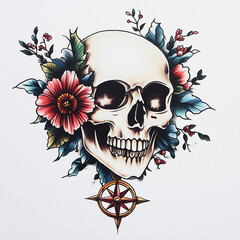 Skull and Compass Sleeve tattoo flash illustration
