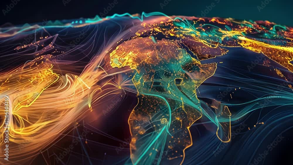 Poster colorful streams of data flow across an illuminated world map at night, creating a mesmerizing visua