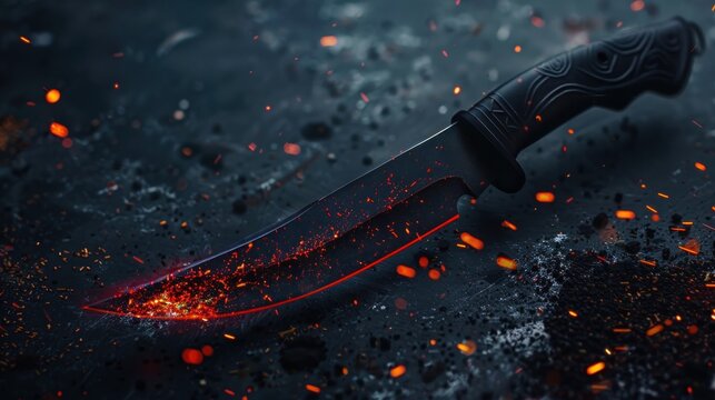A Keris Knife with a black carbon holder, black blade and red tip on a dark background,