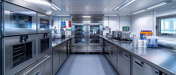 Modern commercial kitchen equipped with stainless steel appliances and refrigeration units for efficient food preparation