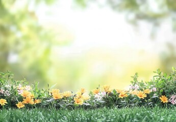 Fototapeta premium Vibrant Floral Border with Lush Green Grass and Softly Blurred Background for Natural and Serene Outdoor Vibes in Photography or Design Projects