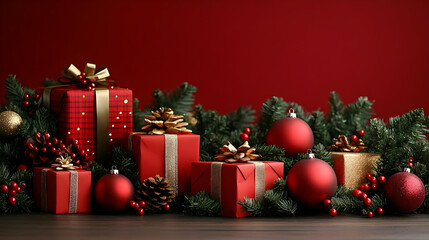 Red & Gold Festive Gifts, Ornaments, & Evergreen Decor