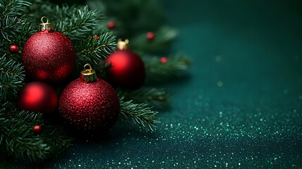 Red Ornaments Decorate Festive Green Tree