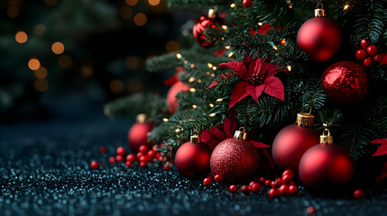 Red Ornaments Decorate Festive Tree, Sparkling Glitter Base