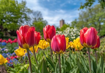 Vibrant Red and Yellow Tulips Blooming in a Sunny Garden with a Clear Blue Sky and Lush Green Trees in the Background, Perfect for Spring Floral Inspiration