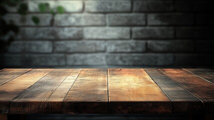 A Rustic Wooden Table Against a Textured Brick Wall in a Softly Lit Environment, Ideal for Atmospheric Photography and Still Life Composition