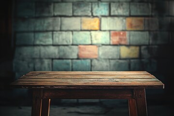 A Rustic Wooden Table Against a Textured Colorful Brick Wall in Low Light with Detailed Grain and Warm Tones