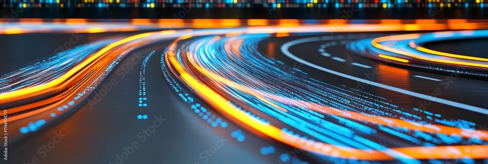 Poster abstract technology background, flowing light trails and binary code stream, big data concept.