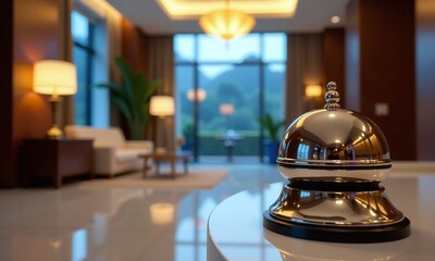 Luxurious hotel lobby service bell in foreground polished