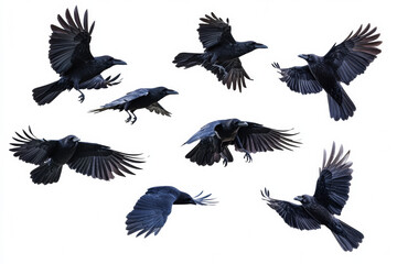 Flock of crows flying gracefully in sky, showcasing their wings