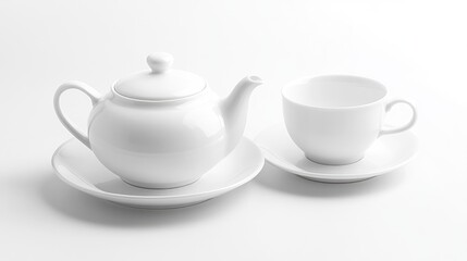 Elegant White Teapot and Cup with Saucer on Minimalist Background
