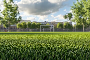 Lush green grass on a sunny day at a city park soccer field with a goalpost in the distance