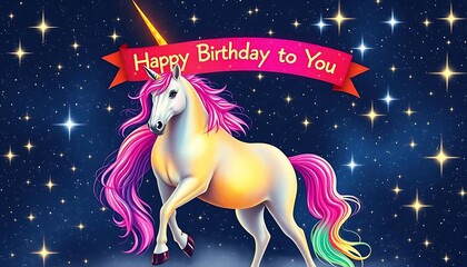 A magical unicorn birthday greeting amidst twinkling stars