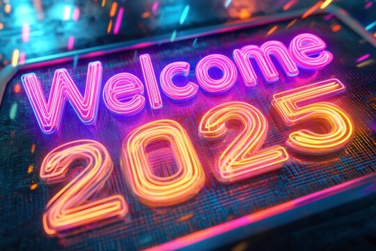 Vibrant Neon Welcome Sign for New Year 2025 with Colorful Light Trails and Energetic Atmosphere Ideal for Celebratory Themes and New Year's Events - Powered by Adobe