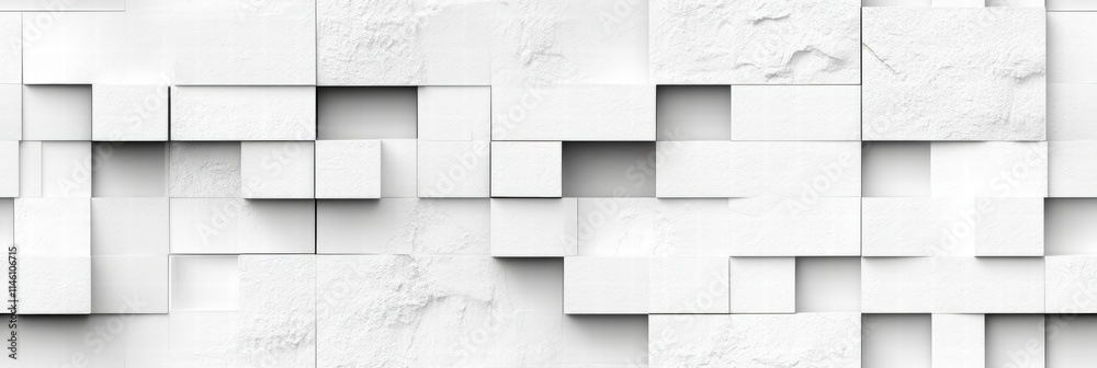 Poster abstract white cube structure with random shifted blocks and textured surfaces for modern design and
